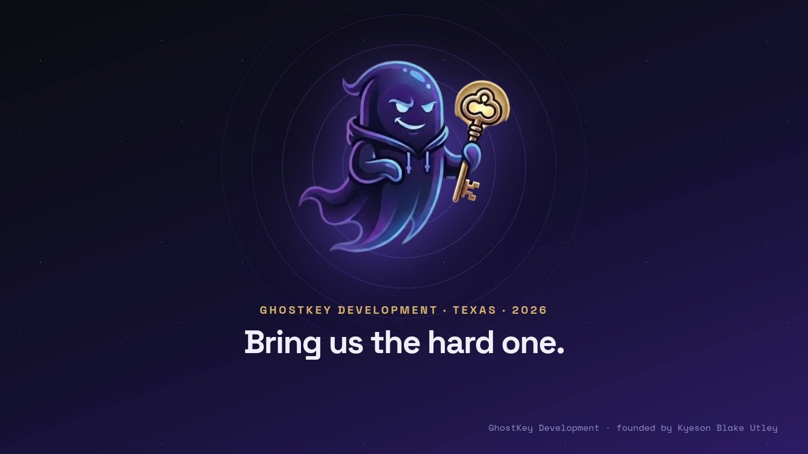 GhostKey Development brand art: the GhostKey ghost mascot holding a golden key above the line Bring us the hard one